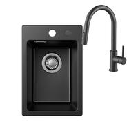 Fregadero de granito negro 30 x 45 cm con juego de grifería, ahorro de espacio para cocina pequeña, grifo extensible 2 funciones, giratorio 360°