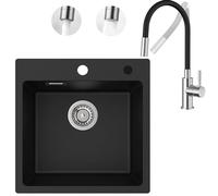 Fregadero de Granito Negro 45 x 45 cm Con Grifo Flexible de Cocina - 2 Tipos de Chorros de Agua - Empotrable Rectangular