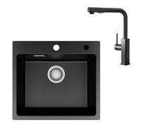 Fregadero de granito negro 50 x 45 cm con juego de grifería, fregadero de cocina para armario bajo a partir de 50 cm, grifo extensible, giratorio 360°, 2 funciones de chorro