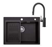 Fregadero de granito negro 60 x 45 cm con juego de grifo, fregadero de cocina para armario bajo a partir de 60 cm, grifo extensible, giratorio 360°, 2 funciones de chorro
