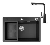 Fregadero de granito negro 70 x 45 cm con juego de grifería, fregadero de cocina para armario bajo a partir de 70 cm, grifo extensible, giratorio 360°, 2 funciones de chorro