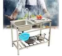 Fregadero de jardín al aire libre con grifo y banco de trabajo, portátil, autónomo, de acero inoxidable, con estante Sto y 1 cuenco, fregadero Utili para cocina y lavandería