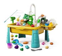 Fregadero de juego con agua corriente para niños, fregadero de juguete eléctrico con peces que cambian de color y juego de pesca, mesa de agua para niños pequeños para juegos de simulación en interio