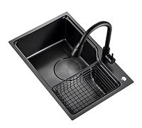 Fregadero de la barra de la cocina Fregadero cuadrado negro con tazón simple, fregadero de acero inoxidable con grifo, empotrado o bajo encimera, fácil de limpiar (color: negro~B, tamaño: 70x46cm