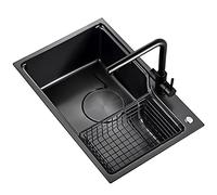 Fregadero de la cocina, fregadero cuadrado negro con tazón único, fregadero de acero inoxidable con grifo, empotrado o bajo encimera, fácil de limpiar (color: negro~B, tamaño: 70x46cm) (negro d