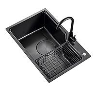Fregadero de la cocina, fregadero cuadrado negro con tazón único, fregadero de acero inoxidable con grifo, empotrado o bajo encimera, fácil de limpiar (color: negro~B, tamaño: 70x46cm) (negro d