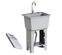 Fregadero de Lavandería de Plástico con Tabla de Lavar y Kit de Desagüe, Lavadero Pila Exterior con Botón de Desagüe de un Solo Toque y Grifo(Gray,50 * 36 * 76)