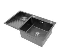 Fregadero De Lavandería Doble Acero InoxidableCon Tabla De Lavar, Fregadero Multifunción Para Cuarto De Lavado, Balcón Y Sótano, Fácil Limpieza，Diseño Compacto(Black-Left,60x48x22 cm)