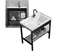 Fregadero de lavandería independiente, lavabo de cerámica con tabla de lavar, soporte y kit de drenaje, patas de acero inoxidable, fregadero de tocador con almacenamiento