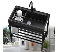 Fregadero de mano de cocina de acero inoxidable de un solo tazón con grifo y colador, fregadero comercial para lavandería, sótano