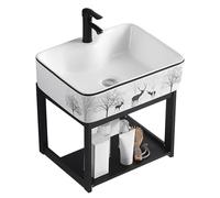 Fregadero de pared con soporte de aluminio y grifo, tocador de baño pequeño con fregadero de cerámica, para baños comerciales compactos (pequeño)