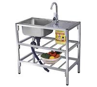 Fregadero de pie con banco de trabajo y estantes de almacenamiento, fregadero de catering comercial con grifo para restaurante, garaje, sótano, uso exterior e interior