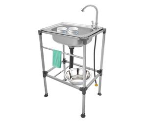 Fregadero de pie de acero inoxidable, lavabo independiente con grifo y tapón, cesta de filtro, lavabo resistente, fácil de limpiar, para cocina, lavandería jardín (frío simple, 48 x 35 x 83 cm)