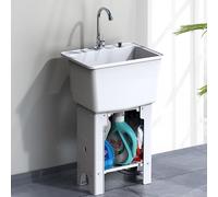 Fregadero de pie profundo con grifo giratorio de 360° y drenaje rápido con un solo botón. Lavabo compacto. Lavadero de plástico para balcones y patios(White)
