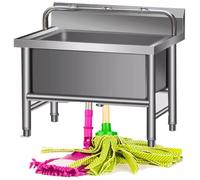 Fregadero de piso comercial con lavabo profundo, tina de lavandería de servicio de trapeador de acero inoxidable con grifo de agua fría simple y escurridor de acero inoxidable,Lowshelf-100*50*55cm