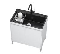 Fregadero de Servicio Multifuncional de Acero Inoxidable con Armario - Incluye Grifo de Agua Fría/Caliente, Dispensador de Jabón y Cesta Deslizante, para Cocina, Lavadero o Uso Exterior