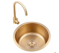 Fregadero De Sifón Acero Inoxidable Dorado 32/36/40cm Fregadero Redondo Tipo Minibar Con Grifo Para Apartamentos Tipo Estudio Cafeterías Caravanas Cocinas Baños Lavavajillas(Sink+faucet A,36*36*18cm)