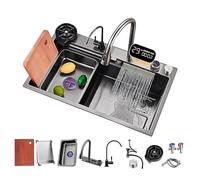 Fregadero De Un Seno, Fregadero De Cocina Con Pantalla LED De Temperatura, Fregadero En Cascada Raindance, Drenaje Con Perilla, Enjuagador De Vidrio, Con Colador De Drenaje Y Accesorios (S : 75x46x22