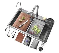 Fregadero De Un Seno Gris, Fregadero De Cocina con Cascada, con Enjuague De Vidrio, Drenaje De Perilla, Grifo Extraíble, Colador De Drenaje Y Accesorios, Fácil De Limpiar (S : 75x45x22cm)
