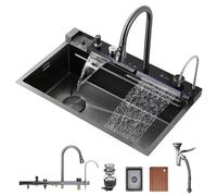 Fregadero de un Solo Seno Deo Inoxidable 304 Estilo Cascada con Pantalla Led de Temperatura, Grifo, Lavavasos Y Perilla de Drenaje./Negro/80 * 46 cm