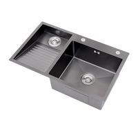 Fregadero De Uso General Negro SUS, Con Superficie De Partículas, Fregadero De Lavandería Plateado, Con Tabla De Lavar Integrada, Piscina De Lavado De Doble Tazón Para El Hogar(Black-A,70x48x22cm)