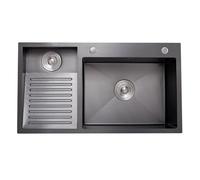 Fregadero De Uso General Negro SUS, Con Superficie De Partículas, Fregadero De Lavandería Plateado, Con Tabla De Lavar Integrada, Piscina De Lavado De Doble Tazón Para El Hogar(Black-A,80x48x22cm)