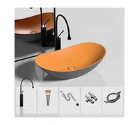 Fregadero del Baño Fregadero ovalado de cerámica for baño, lavabo montaje superior 20.4"x12.5" con grifo negro y combinación desagüe emergente(Orange)