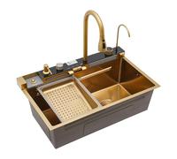 Fregadero digital con cascada de acero inoxidable, 75 x 46 x 22 cm, fregadero de cocina de acero inoxidable, 1 lavabo con grifo extraíble, dispensador de detergente multifunción