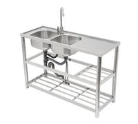 Fregadero doble de acero inoxidable con 2 cuencos, multiusos con mesa de trabajo y grifo mezclador para hotel, lavadero, sótano, garaje