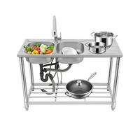 Fregadero doble de acero inoxidable con grifo extensible de 360°, 2 lavabos de 15,35 x 13,78 x 6,69 pulgadas, rejilla de drenaje y estante lateral, patas ajustables en altura, color plateado, 120 x 50