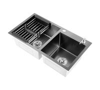 Fregadero doble de acero inoxidable de 78 x 43 cm, de acero inoxidable, doble, empotrable, rectangular, con escurridor y dispensador de jabón, adecuado para cocinas (negro)