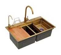 Fregadero doble de acero inoxidable, fregadero de cocina con 2 cuencos, fregadero de cocina doble con 2 grifos, soporte para cuchillos, tabla de cortar, tuberías de agua (dorado, 82 x 46 cm)