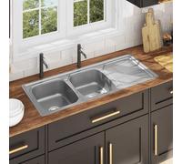Fregadero doble empotrable con escurridor, fregadero rectangular de acero inoxidable, incluye colador y sifón, lavabo extraprofundo para sartenes grandes, ahorra espacio y es fácil de limpiar