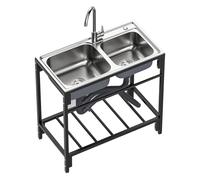 Fregadero Doble Seno Acero Inoxidable 0.8mm Autoportante | Fregadero Exterior con Grifo Giratorio 360° y Desagüe | para Cocina, Jardín, Garaje, Bar, Lavandería - Patas Ajustables