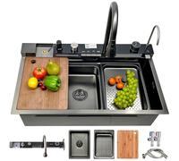 Fregadero empotrable de 80 x 45 cm, gran fregadero de acero inoxidable, color negro, 1 cuenco, indicador de la temperatura del agua, lugar de trabajo, con juego de grifo extensible