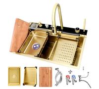 Fregadero En Cascada De Cocina Dorado, Fregadero De Acero Inoxidable 304, Con Grifo Extraíble, Lavavasos, Grifo Para Beber, Lavabo Pequeño Y Kits De Drenaje(75x46x22cm)