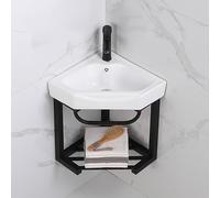 Fregadero esquinero de cerámica con armario de almacenamiento, ahorro de espacio, montaje en pared, tocador de baño con desbordamiento, ideal para zonas compactas