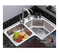 Fregadero esquinero moderno de acero inoxidable de doble cuenco de 800 x 590 x 180 mm, ahorra espacio, compatible con lavavajillas para un uso eficiente