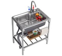 Fregadero Exterior de Acero Inoxidable de un Seno 71x45x85cm con Grifo Frío-Caliente y Estante de Almacenamiento - Diseño para Uso Comercial o Doméstico en Patio o Jardín