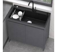 Fregadero Exterior Freistehend de Acero Inoxidable Negro Cepillado | Mueble de Aluminio Alveolar con Grifo Monomando Fría/Caliente | Fregadero de Un Seno Portátil para Jardín, Garaje, Taller y Balcón