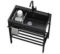Fregadero Exterior Jardin,Fregadero Cocina Negro 1 Seno 60x45cm,Mueble pila Lavadero de Acero Inoxidable,Fregaderos Industrial con Escurridor,Grifo,para Restaurante Garaje Comercial Lavandería Baño