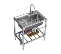 Fregadero Exterior Jardin,Fregadero Portatil Camping,Fregadero de Cocina Comercial con Banco de Trabajo Acero Inoxidable Independiente Con Agua Fria y Caliente Grifo,para Garaje, Cocina, Lavadero(68*4