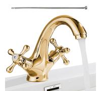 Fregadero Faucet, Brass Single Hole, Bathroom Tap, Gold, Silver, Double Handle Mixer with 60cm Hose Hot and Cold Water Control, for Washing Room, Lavatory, Vanity Replacement Use
