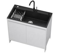 Fregadero Freistehend de Acero Inox Negro Cepillado con Mueble de Aluminio Alveolar, Fregadero de un Seno para Jardín y Exterior con Grifo Fría y Caliente Set para Garaje, Taller, Balcón
