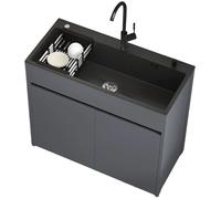 Fregadero Freistehend de Acero Inox Negro para Exterior | Fregadero un Seno con Mueble de Aluminio Alveolar y Grifo Fría/Caliente | Lavabo Portátil de Jardín, Garaje, Taller y Balcón