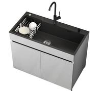 Fregadero Freistehend de Acero Inox Negro para Exterior | Fregadero un Seno con Mueble de Aluminio Alveolar y Grifo Fría/Caliente | Lavabo Portátil de Jardín, Garaje, Taller y Balcón