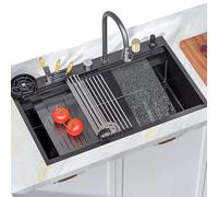 Fregadero grande de cocina negro de 100 cm, cuenco individual de acero inoxidable 304 con grifo negro y todos los accesorios, grado comercial, fácil de limpiar, diseño moderno
