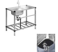 Fregadero independiente de acero inoxidable, banco de trabajo y estantes de almacenamiento for interiores y exteriores, fregadero comercial con escurridor(100 * 42 * 75cm)