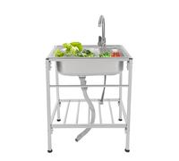 Fregadero independiente de acero inoxidable con 1 bandeja y grifo fregadero de cocina con pie comercial, 60 x 45 x 75 cm para exterior, cocina, restaurante, garaje