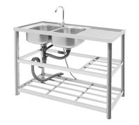 Fregadero independiente de acero inoxidable con armario inferior para exterior, 120 x 45 x 80 cm, lavabo multifunción de acero inoxidable, fregadero para camping, 3 armarios inferiores, capacidad de